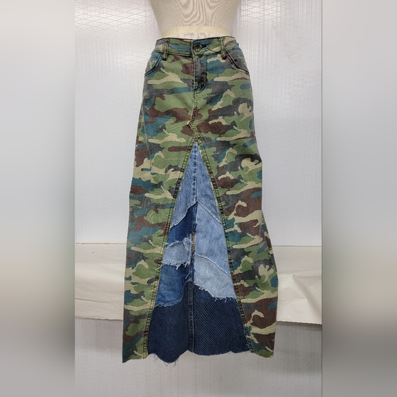 Hippie Grunge Camo & Denim Maxi Skirt Upcycled - Picture 1 of 9